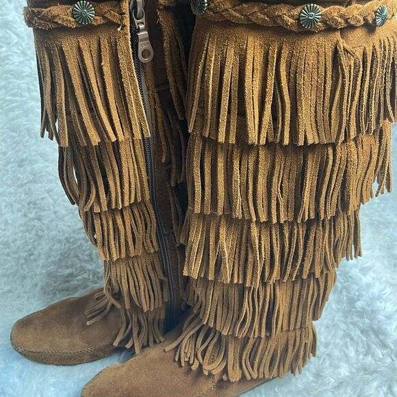MINNETONKA Brown leather suede3 layer Tier Fringe Moccasin Boots side zipper SZ7 - Picture 4 of 10